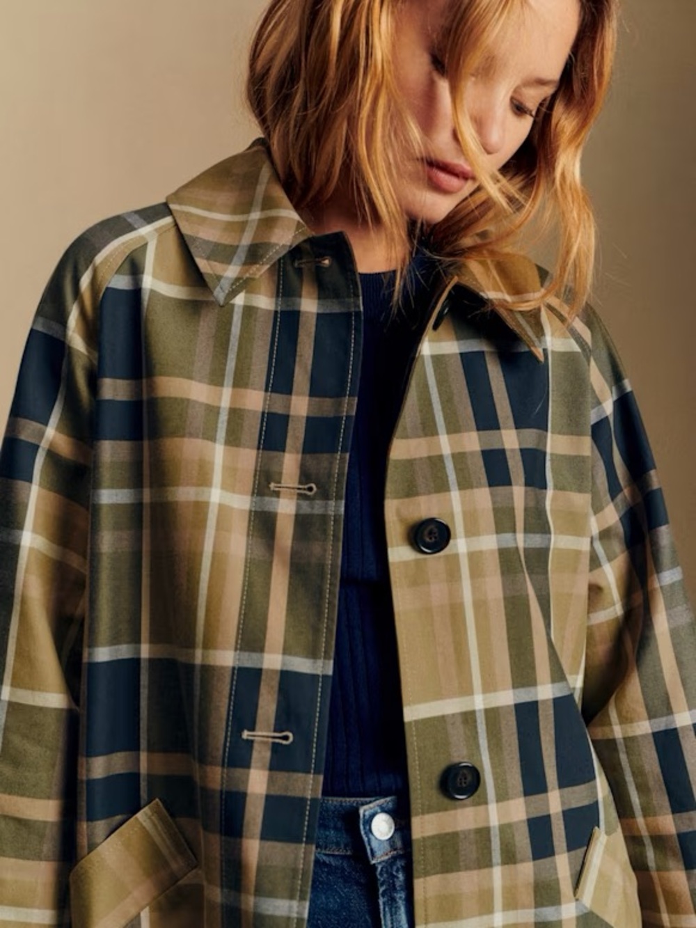 NWT Clyde Trench Coat in Beige and Moss Green Checks Size 4/36 - Picture 4 of 10